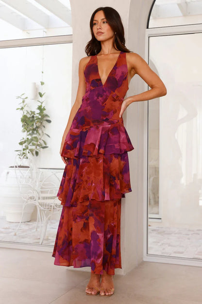 Vestido largo mujer con volantes estampados sin mangas