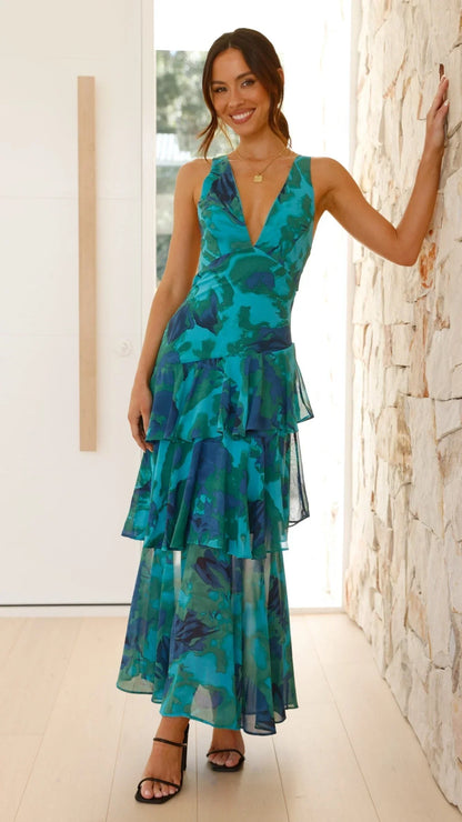 Vestido largo mujer con volantes estampados sin mangas