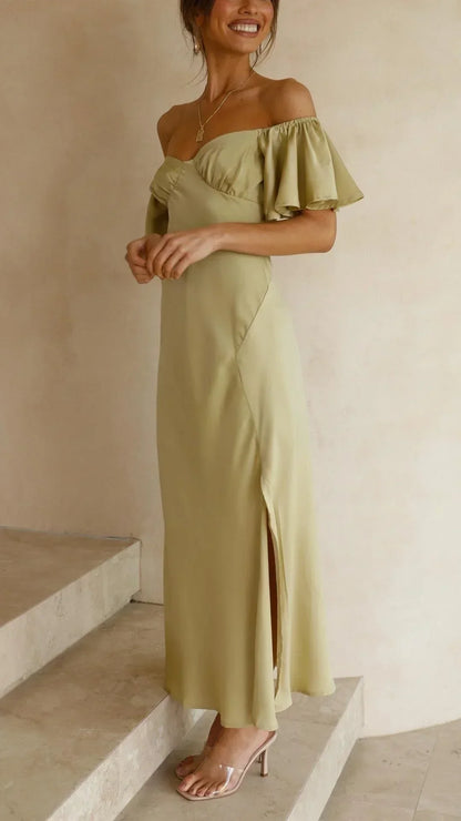 Vestido largo satinado con abertura y Hombros descubiertos