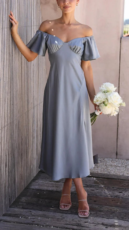 Vestido largo satinado con abertura y Hombros descubiertos