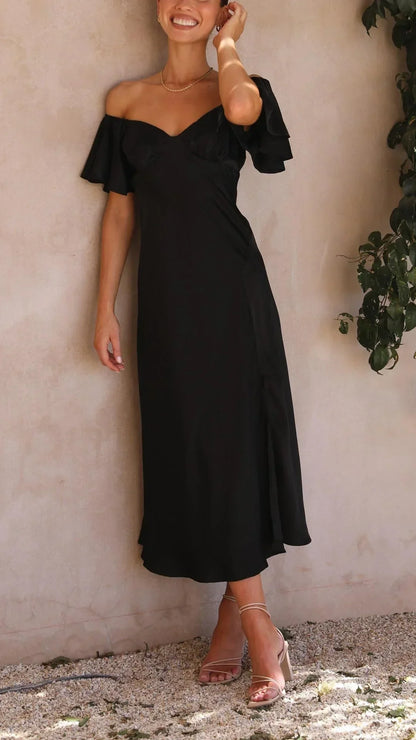 Vestido largo satinado con abertura y Hombros descubiertos