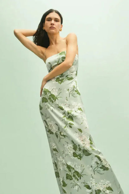 Vestido largo mujer verano flores tirantes finos verde
