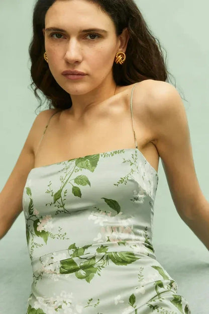 Vestido largo mujer verano flores tirantes finos verde