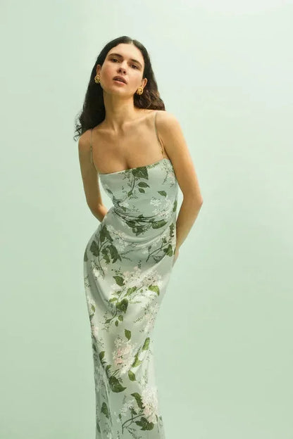 Vestido largo mujer verano flores tirantes finos verde
