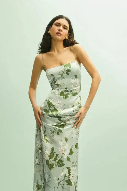 Vestido largo mujer verano flores tirantes finos verde