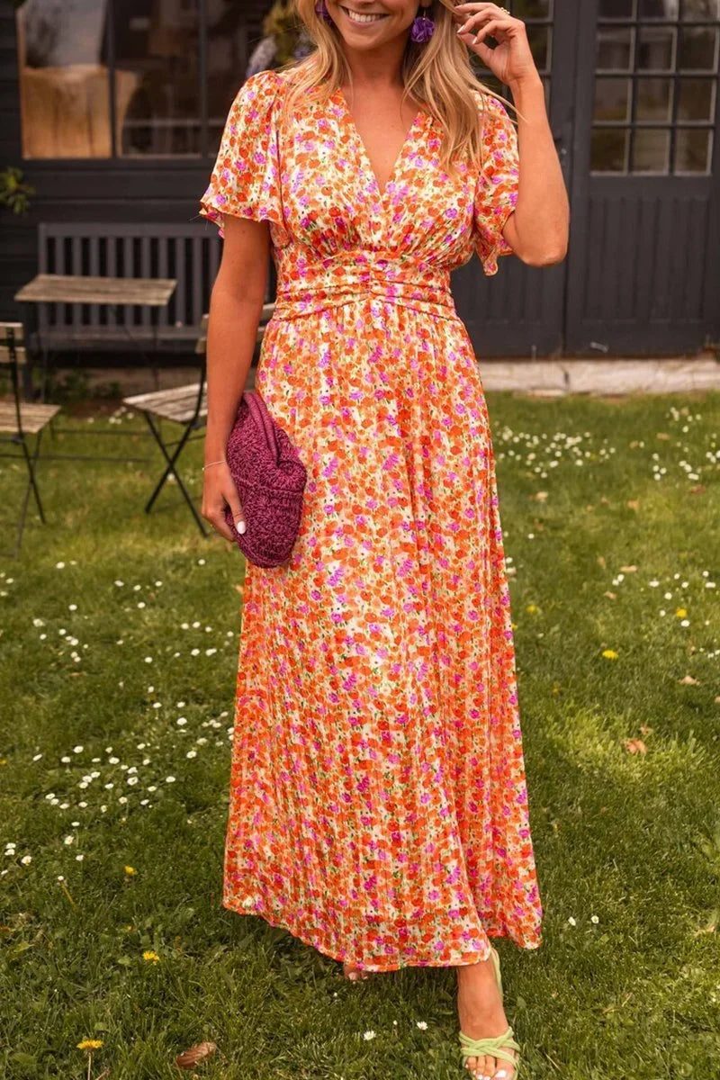 Vestido largo de mujer estampado con mangas cortas y cuello en V para verano