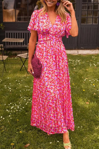 Vestido largo de mujer estampado con mangas cortas y cuello en V para verano