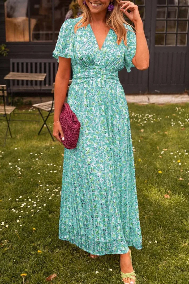 Vestido largo de mujer estampado con mangas cortas y cuello en V para verano