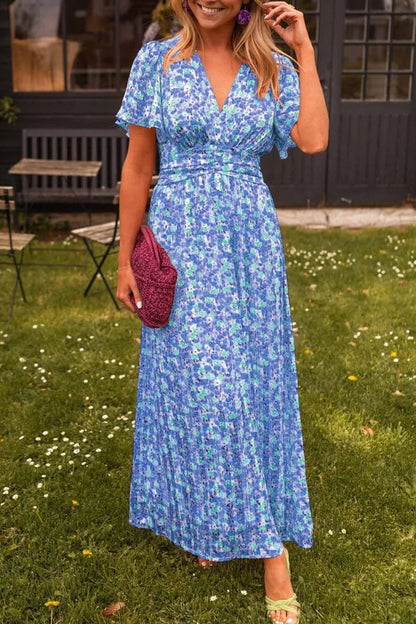 Vestido largo de mujer estampado con mangas cortas y cuello en V para verano