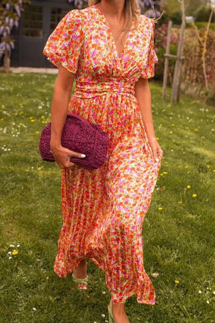 Vestido largo de mujer estampado con mangas cortas y cuello en V para verano