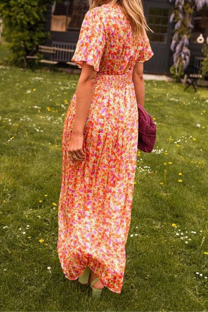 Vestido largo de mujer estampado con mangas cortas y cuello en V para verano