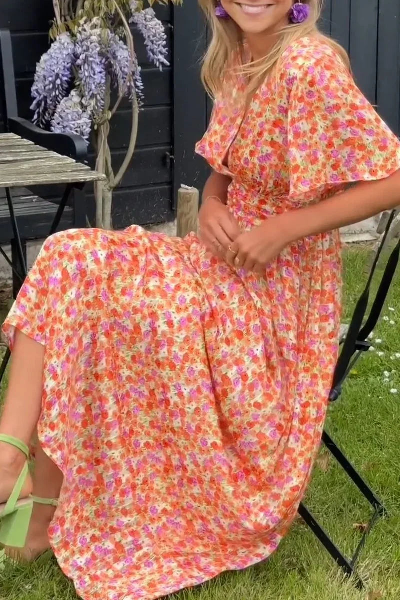 Vestido largo de mujer estampado con mangas cortas y cuello en V para verano