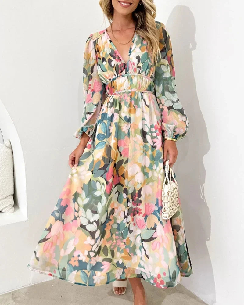 Vestido largo de mujer con estampado floral pastel y mangas largas