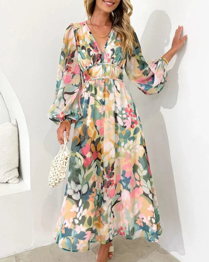 Vestido largo de mujer con estampado floral pastel y mangas largas