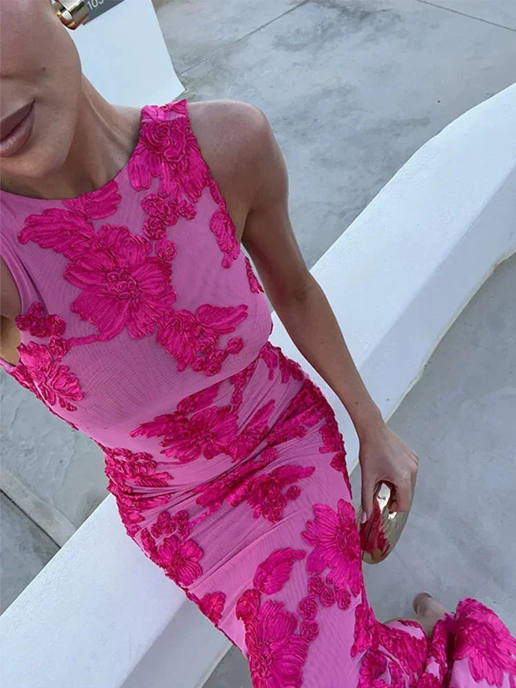 Vestido largo mujer rosa con estampado floral llamativo