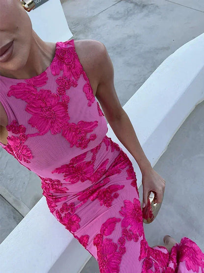 Vestido largo mujer rosa con estampado floral llamativo