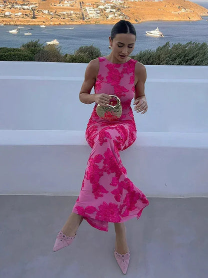Vestido largo mujer rosa con estampado floral llamativo