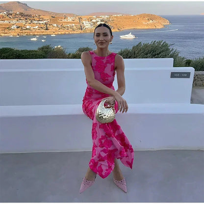 Vestido largo mujer rosa con estampado floral llamativo