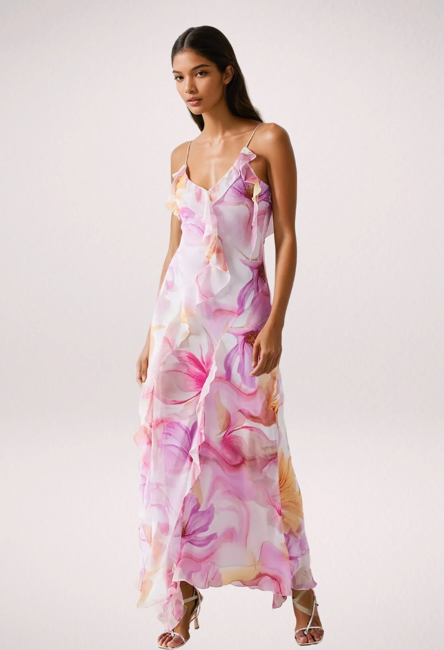 Vestido largo mujer rosa con flores y volantes verano