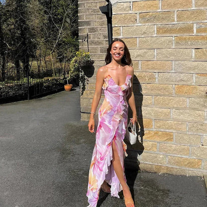 Vestido largo mujer rosa con flores y volantes verano