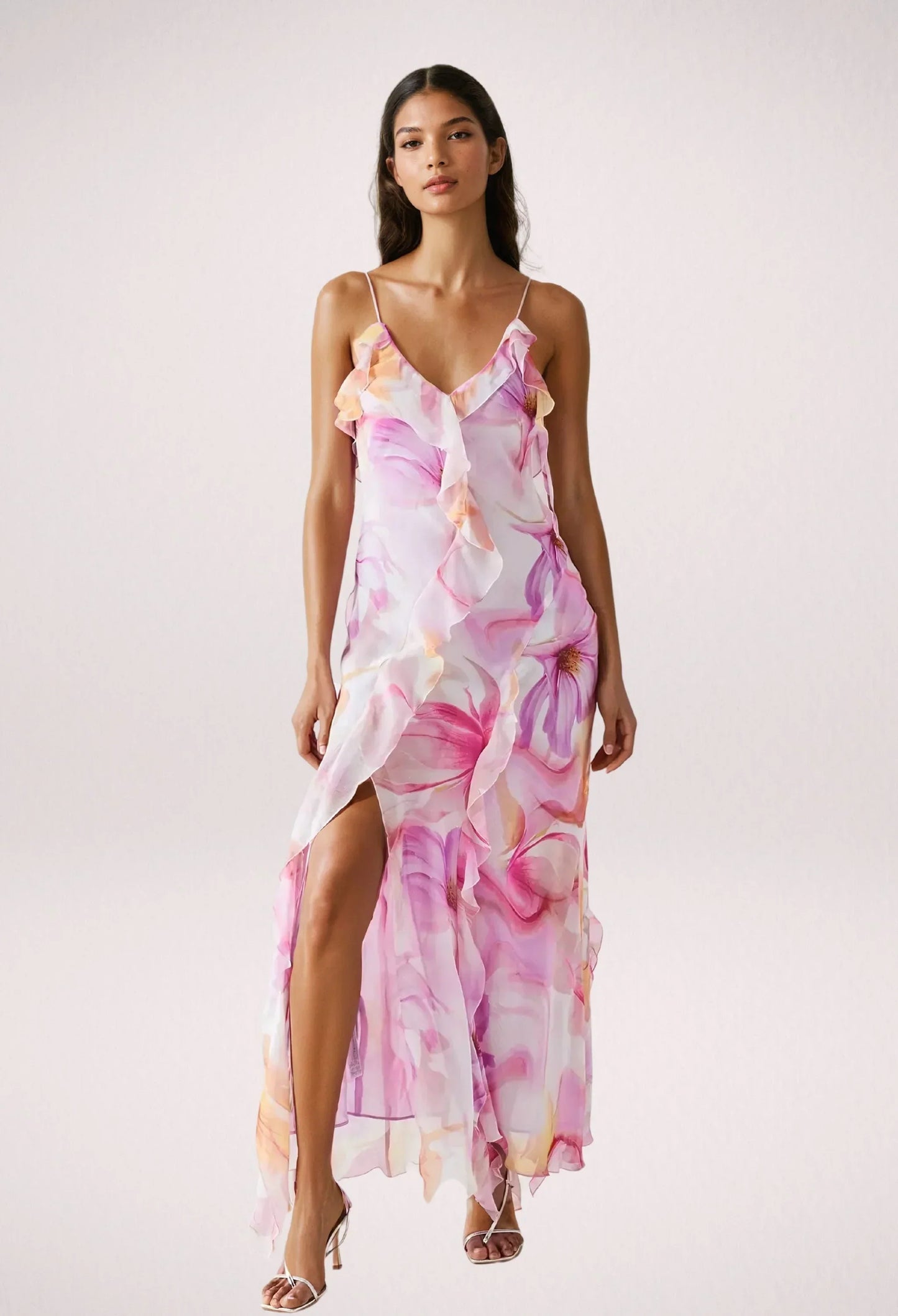 Vestido largo mujer rosa con flores y volantes verano
