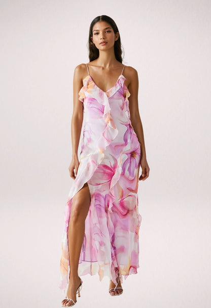 Vestido largo mujer rosa con flores y volantes verano