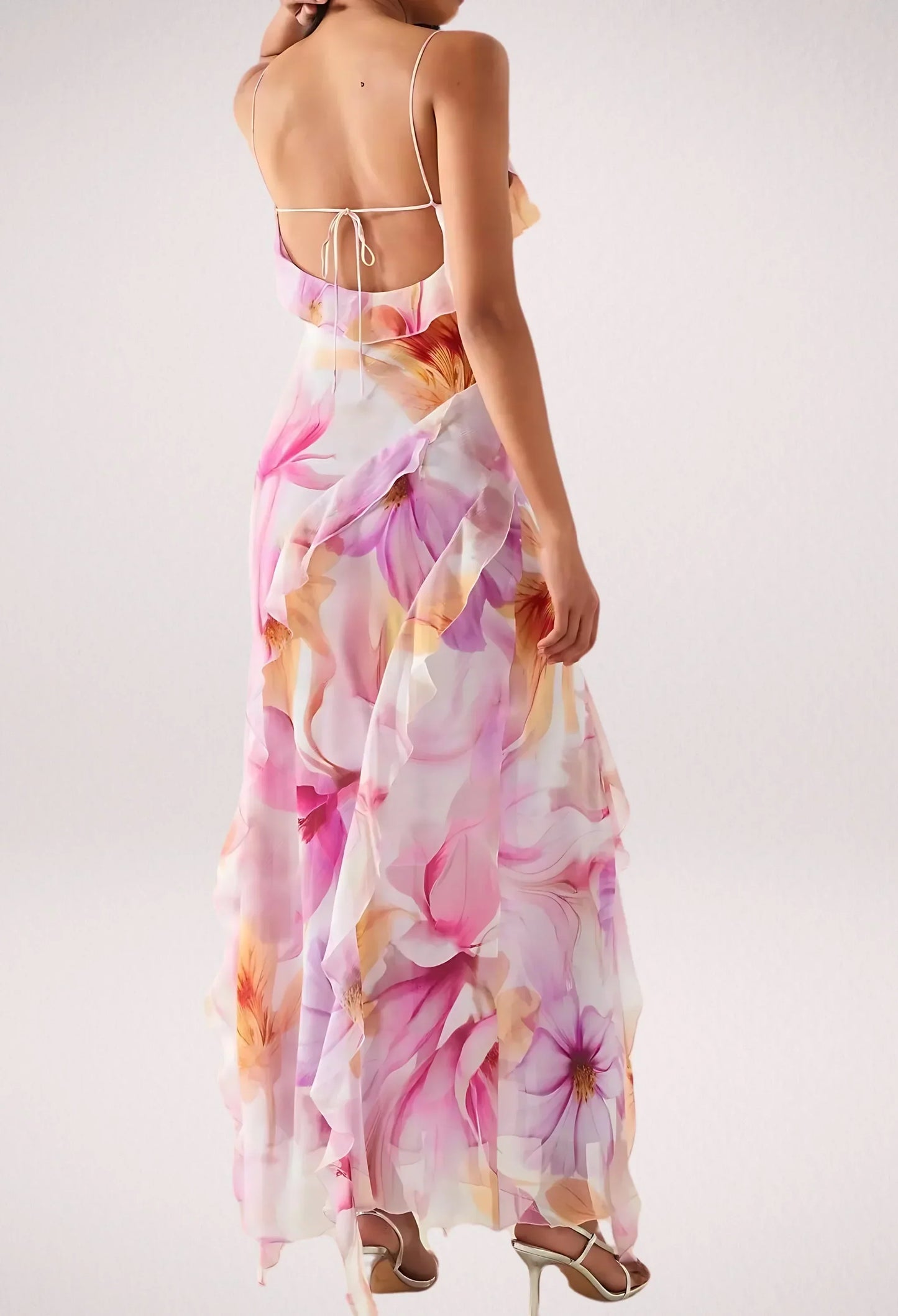 Vestido largo mujer rosa con flores y volantes verano