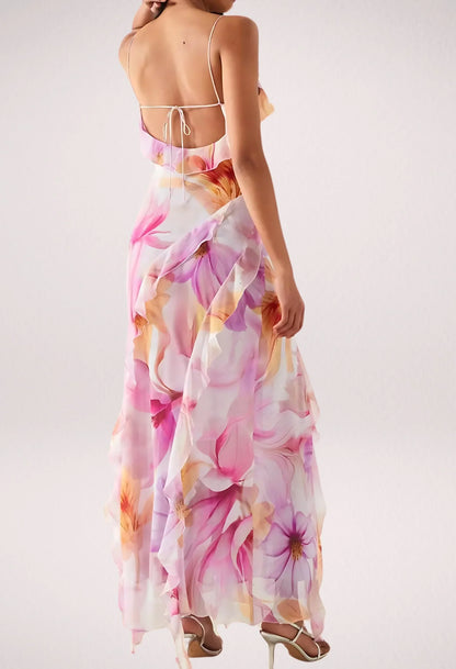 Vestido largo mujer rosa con flores y volantes verano