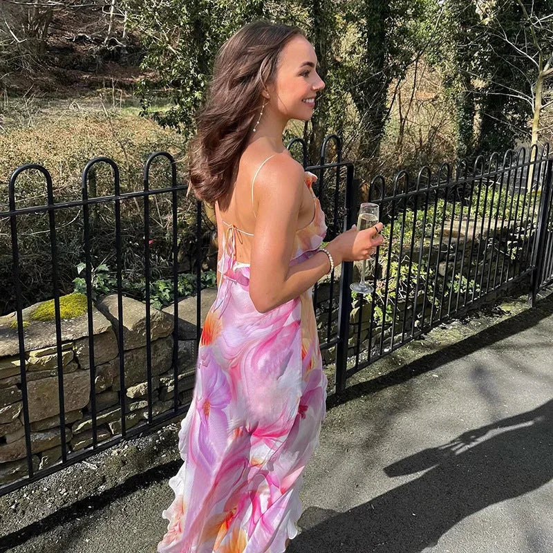 Vestido largo mujer rosa con flores y volantes verano