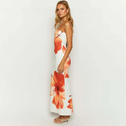 Vestido largo de mujer sin tirantes con estampado floral naranja