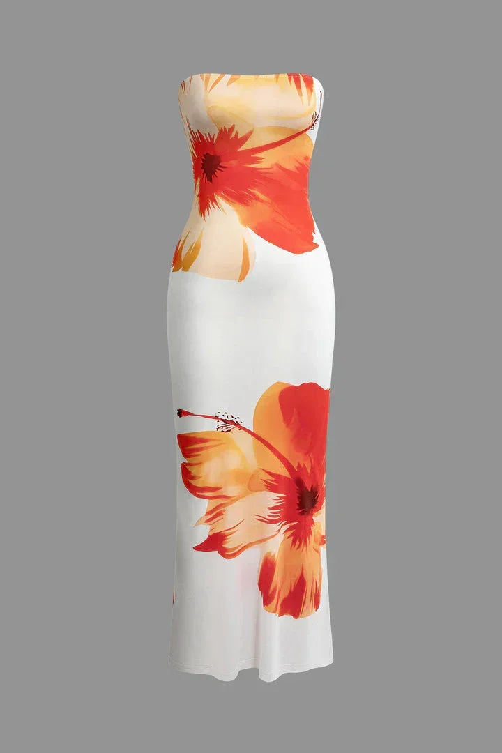 Vestido largo de mujer sin tirantes con estampado floral naranja