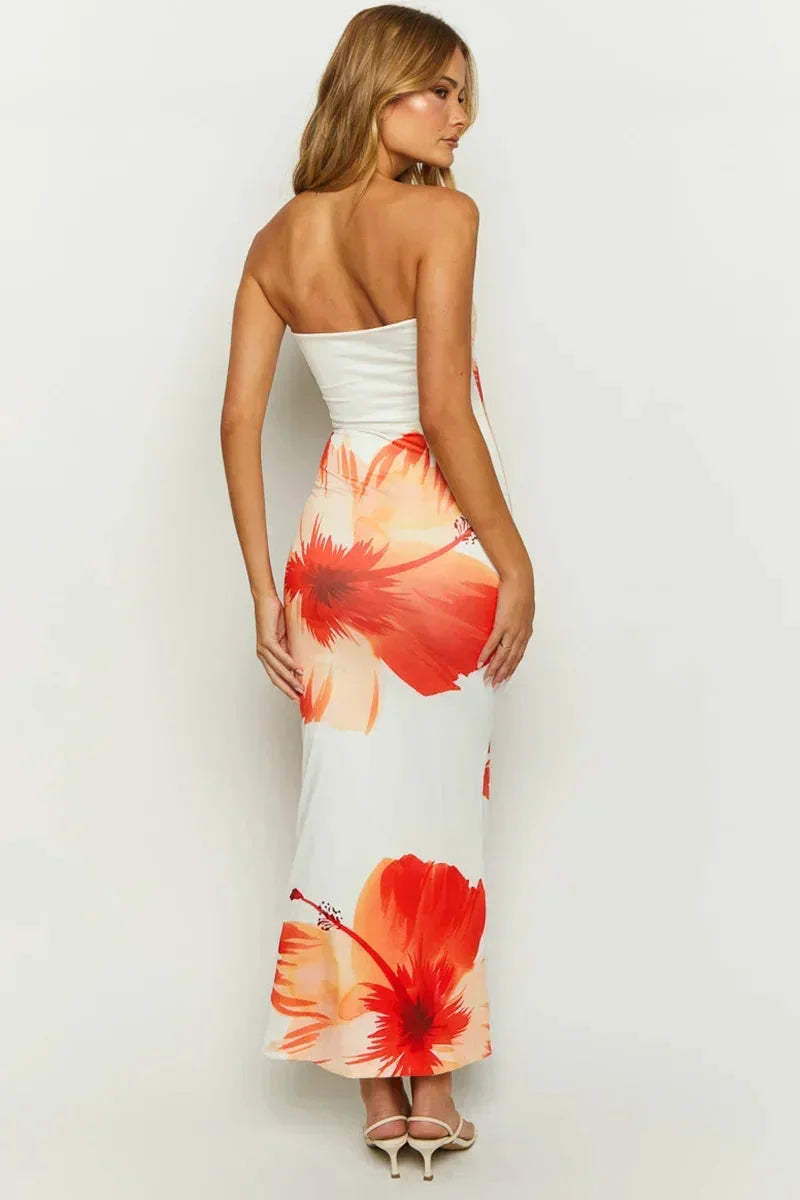 Vestido largo de mujer sin tirantes con estampado floral naranja