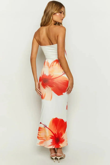 Vestido largo de mujer sin tirantes con estampado floral naranja