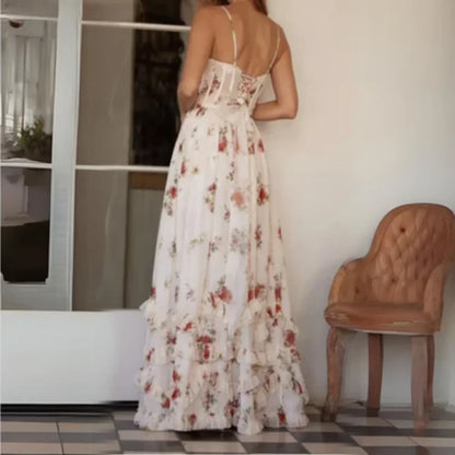 Vestido largo de mujer floreado con abertura y escote