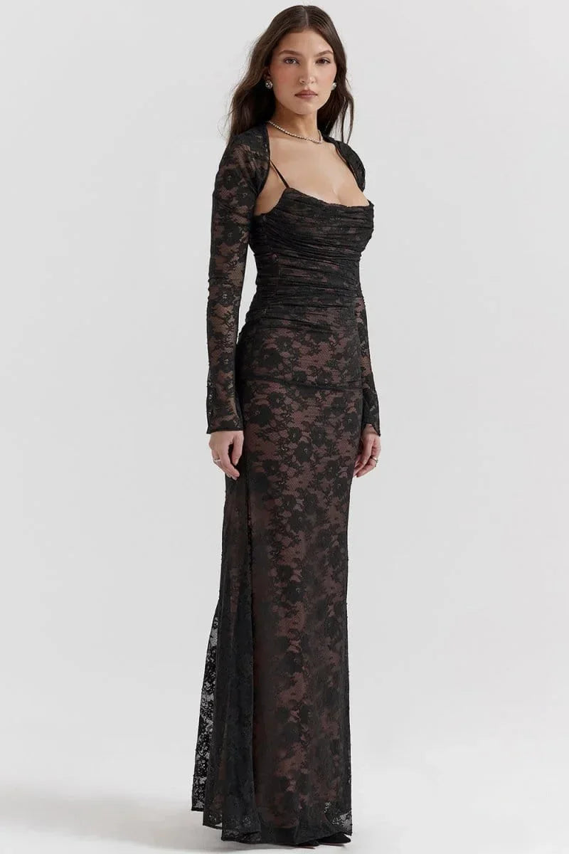 Vestido largo de noche con encaje y espalda abierta
