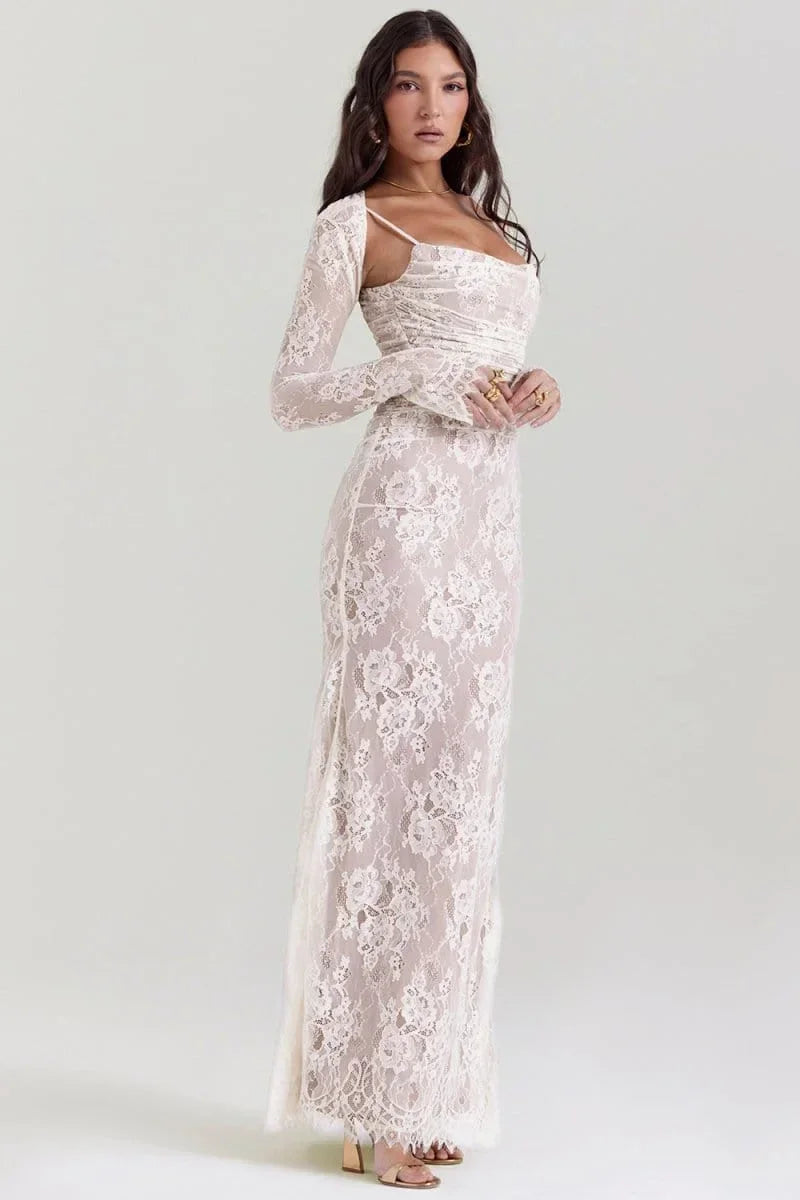 Vestido largo de noche con encaje y espalda abierta