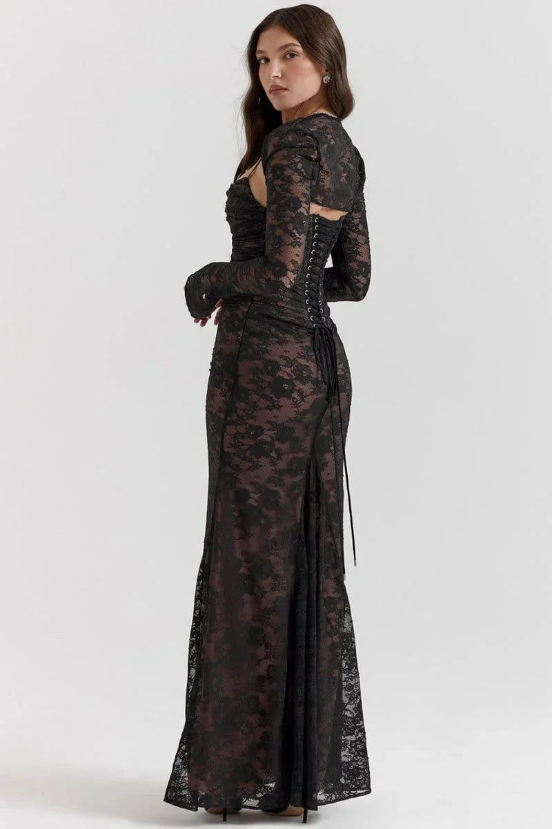 Vestido largo de noche con encaje y espalda abierta