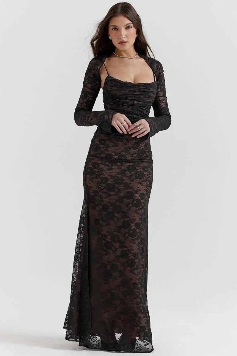 Vestido largo de noche con encaje y espalda abierta