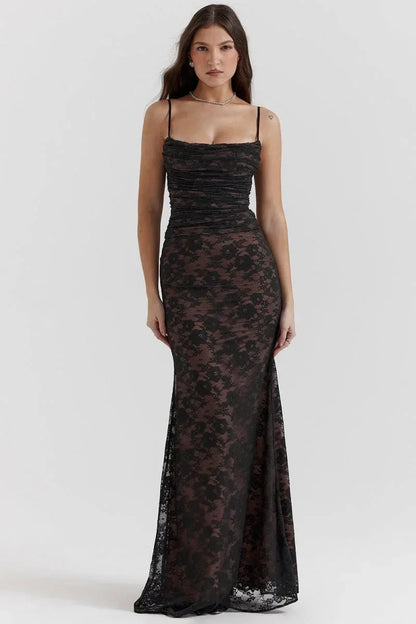 Vestido largo de noche con encaje y espalda abierta