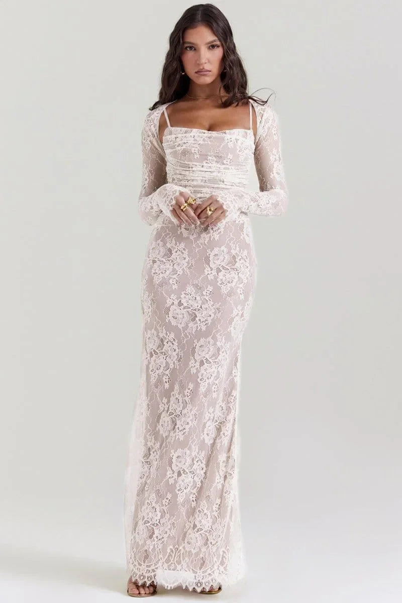 Vestido largo de noche con encaje y espalda abierta