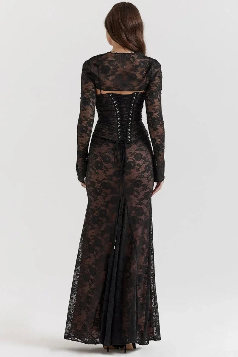 Vestido largo de noche con encaje y espalda abierta
