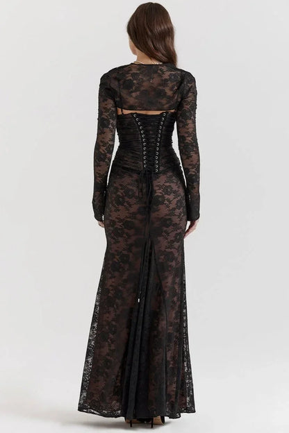Vestido largo de noche con encaje y espalda abierta