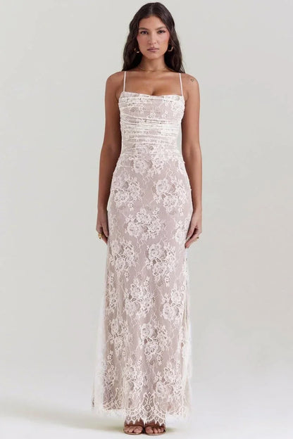 Vestido largo de noche con encaje y espalda abierta