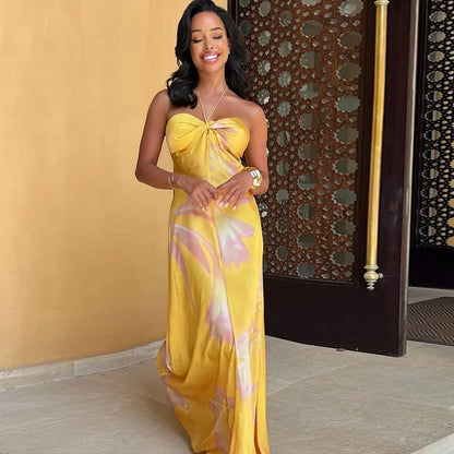 Vestido largo mujer amarillo con flores y Hombros descubiertos