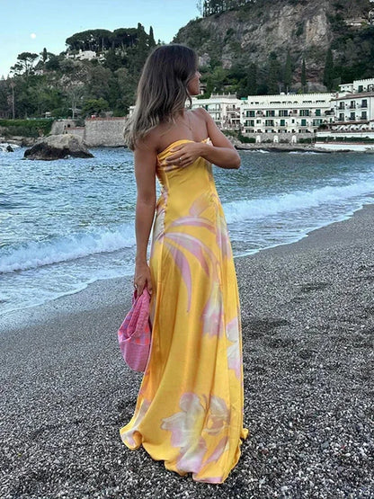 Vestido largo mujer amarillo con flores y Hombros descubiertos