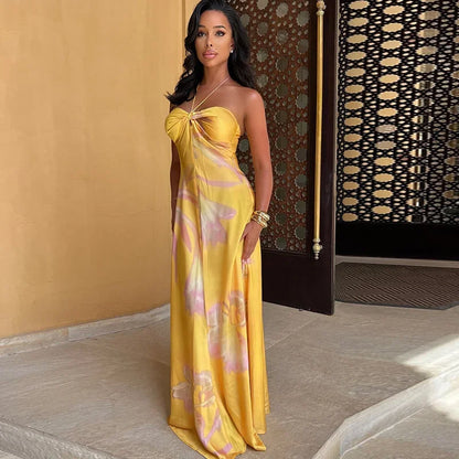 Vestido largo mujer amarillo con flores y Hombros descubiertos