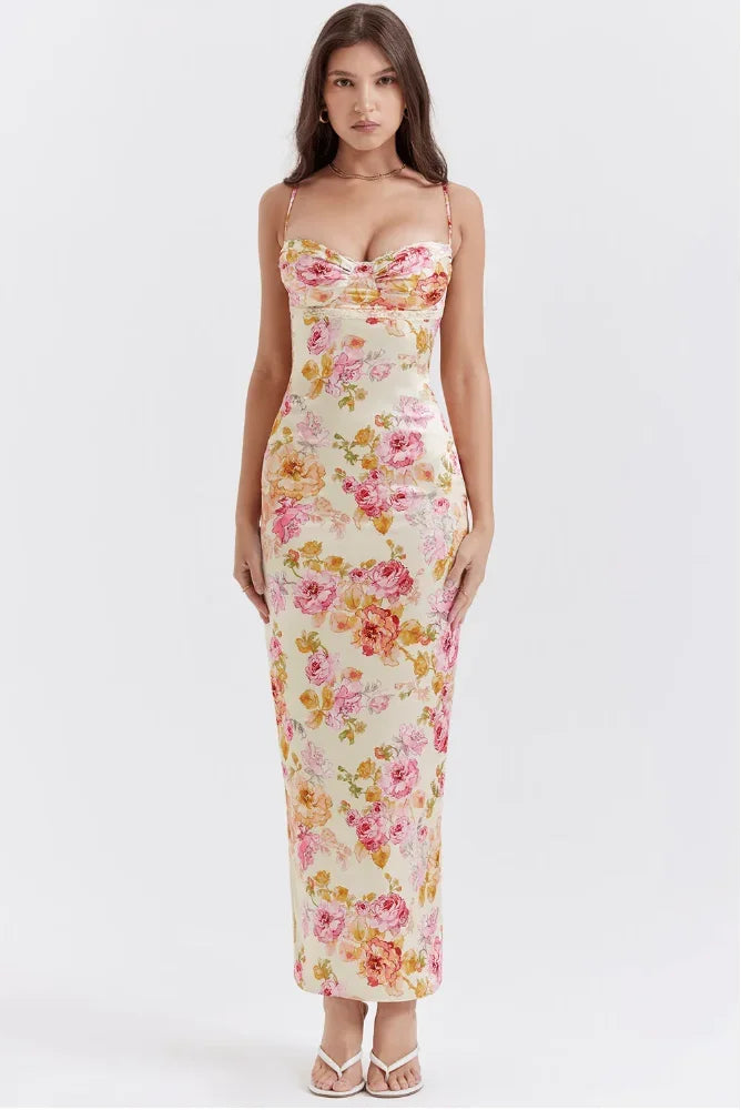Vestido largo mujer con flores pastel y tirantes finos escote corazón