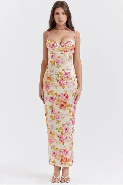 Vestido largo mujer con flores pastel y tirantes finos escote corazón