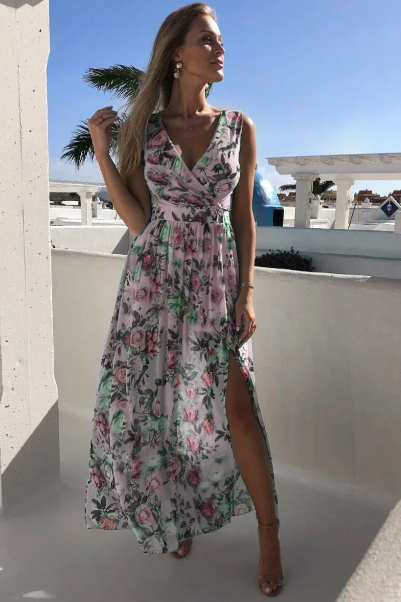 Vestido largo sin mangas con abertura floral verano
