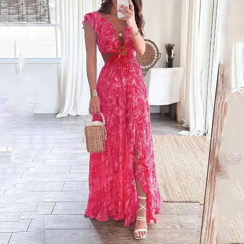 Vestido largo floral con aberturas y cuello en V elegante